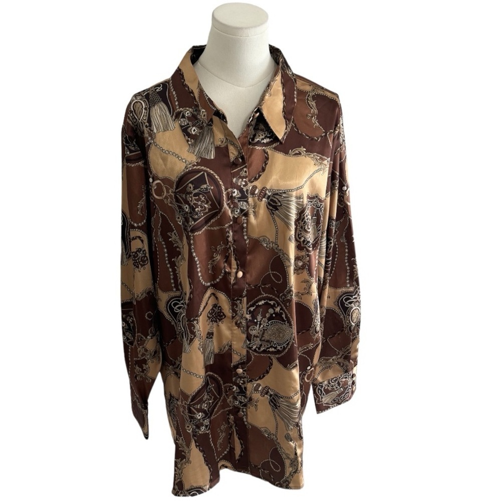DENNIS BASSO Brown Gold Top Chain Rope Tassel Button Down size 1X Shirt RARE by